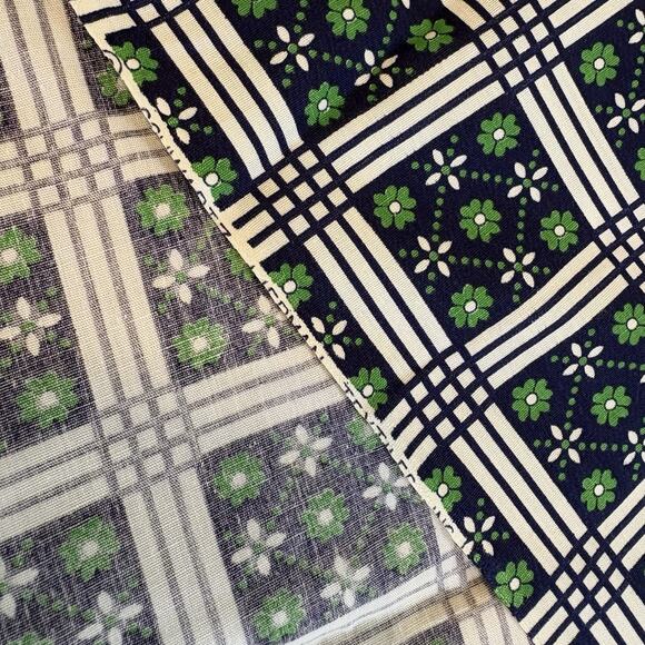 Fabric Navy Blue Green Flowers Check Mod Schwartz Liebman Textiles Vintage Retro - Picture 4 of 8